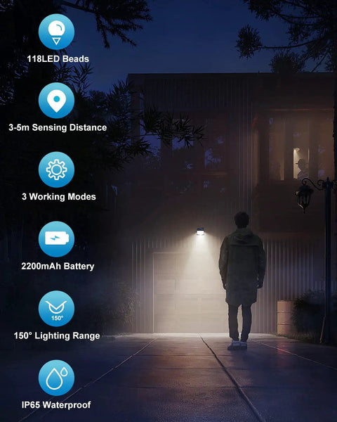Outdoor scene with a person under a 10 Pack Solar Motion Security Lights Outdoors With 3 Lighting Modes Ultra Bright Wireless Wall Lights