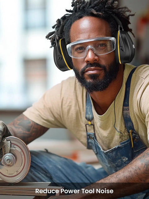 Man wearing Ultra Comfy Noise Cancelling Ear Muffs For Adults And Kids 31dB Hearing Protection For Shooting Range Mowing And Loud Events