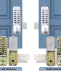 Mechanical Keyless Entry Front Door Lock With 14 Push Button Keypads Digital Outdoor Deadbolt shown on left and right-hand doors.