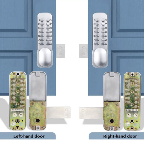 Mechanical Keyless Entry Front Door Lock With 14 Push Button Keypads Digital Outdoor Deadbolt shown on left and right-hand doors.