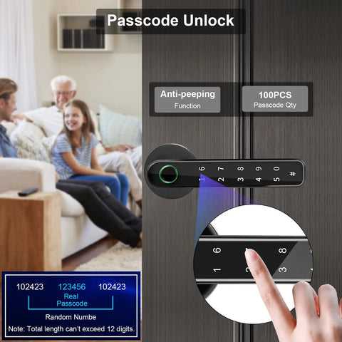 Fingerprint Door Lock Set With No Key Needed Keyless Entry And Black Keypad Code Lever Handle on door with family in background.