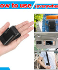 2 Pack Transmitter Clips For MicroPLUS Remote Controls, black visor clip holder shown in hand and in various usage scenarios.
