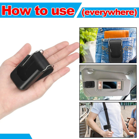 2 Pack Transmitter Clips For MicroPLUS Remote Controls, black visor clip holder shown in hand and in various usage scenarios.