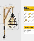 Plug In Wall Sconces 2 Pack Farmhouse Wood And Metal Wire Cage Lamps With Plug In Cord And On Off Switch Boho Style