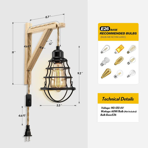 Plug In Wall Sconces 2 Pack Farmhouse Wood And Metal Wire Cage Lamps With Plug In Cord And On Off Switch Boho Style