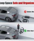 Keep Your Garage Looking Slick With This Rock Steady Tesla Charger Cable Organizer And Wall Mount Dock That Securely Holds White Nacs Cables Tidy Using Heavy Steel Brackets And Screws before and after garage organizing.