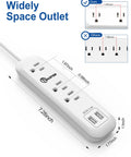 Power Strip Workhorse With Surge Protection And Mountable Design, 6 Foot Extension Cord, 3 Outlets And 2 USB Ports 2.4A 12W, white, dimensions labeled