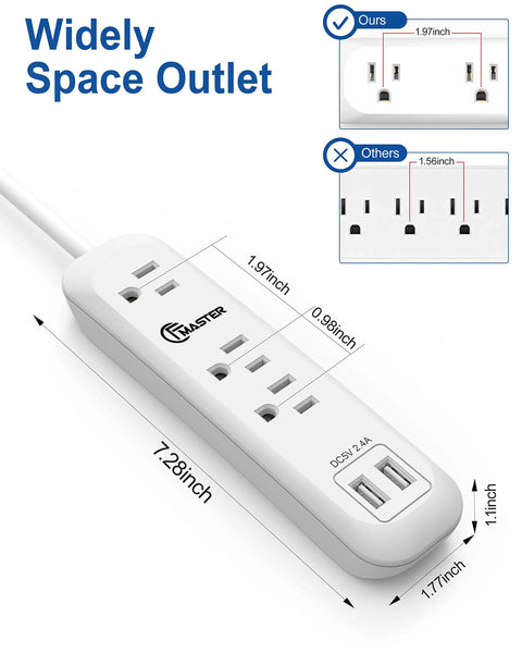 Power Strip Workhorse With Surge Protection And Mountable Design, 6 Foot Extension Cord, 3 Outlets And 2 USB Ports 2.4A 12W, white, dimensions labeled