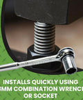 M8 X 1.25 Black Zinc Plated Flange Nuts 10 Piece Set Heavy Duty Self Locking Fasteners shown with 13mm wrench for installation.