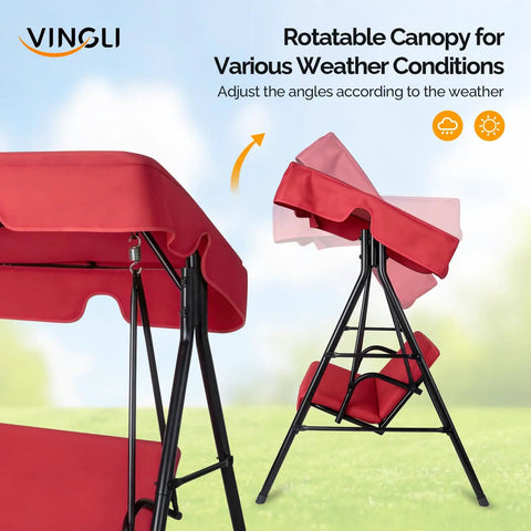 Side view of red Outdoor Porch Swing With Adjustable Canopy Powder Coated Steel Frame And Heavy Duty Stand, showing rotatable canopy.