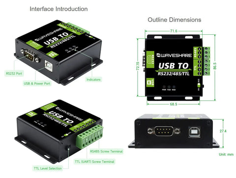 Rugged USB To RS232 RS485 TTL Isolated Converter With FT232RL Protection Aluminum Enclosure Built For Tough Industrial Control Panels And Equipment In Harsh Environments, 71.6mm