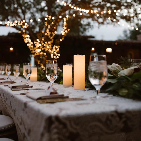 Set Of Nine Ivory Real Wax Flameless Pillar Candles Battery Operated 4 Inch Through 9 Inch Heights with remote on event table