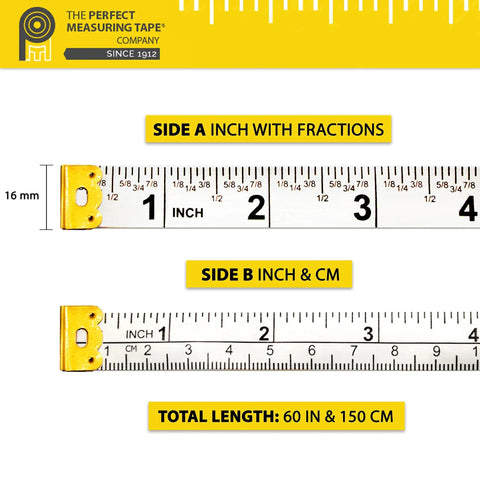 All Purpose 60 Inch Double Sided Tape Measure With Fractional Inches And Millimeter And Centimeter Readings