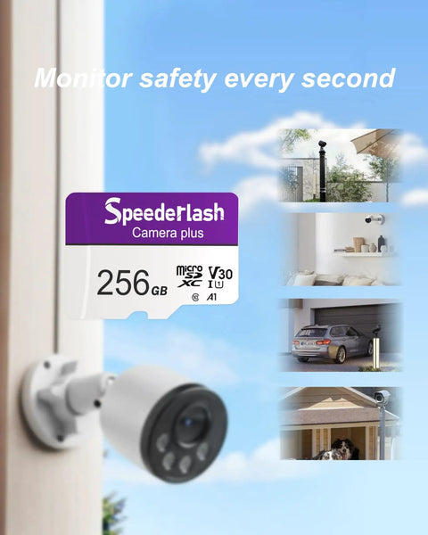 256GB Micro SDXC Memory Card With Adapter For Dashcams And Security Cams Speederlash, surveillance camera on wall with security images