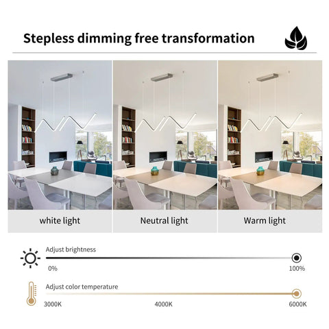 Slick Chrome LED Dimmable Linear Wave Pendant Lights For Kitchen Island And Dining Room Hanging in three light settings