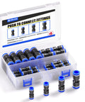 Pneumatic Straight Push Connectors Kit For Air Lines Quick Release Fittings For 6mm 8mm 10mm 12mm Tubing 40 Pieces Works With PU PA PE PVC Tubes 0 To 145 PSI 32 To 140 Fahrenheit Blue, shown with open box and blue fittings.