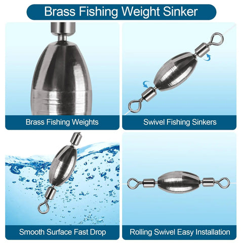34Pcs Fishing Weights With Rolling Swivel Brass Sinkers 2 In 1 Tackle Kit showing smooth surface and easy installation features