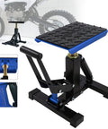 Front view of POLARBEAR blue dirt bike stand with adjustable center jack, 1200 lb capacity.