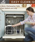Woman placing Instant Vortex 6 Qt Air Fryer Replacement Tray and Grill Plate in dishwasher, demonstrating BPA-free, FDA-approved cleaning.