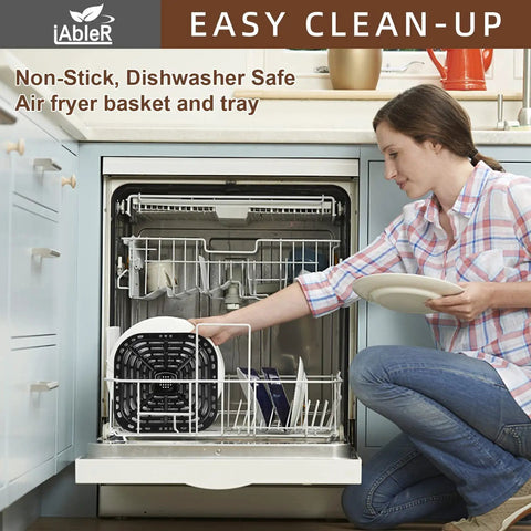 Woman placing Instant Vortex 6 Qt Air Fryer Replacement Tray and Grill Plate in dishwasher, demonstrating BPA-free, FDA-approved cleaning.
