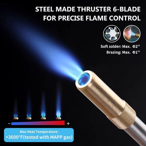 Close-up of lit steel thruster tube for Map Gas Torch Kit With Holster, Adjustable Knob Trigger Start, And 4.9 Ft Hose, showing flame control.