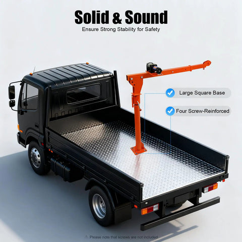 Heavy Duty Truck Mounted Crane Hoist With 1100 Lb Capacity And 12 Volt Electric Winch on pickup truck bed with large square base.