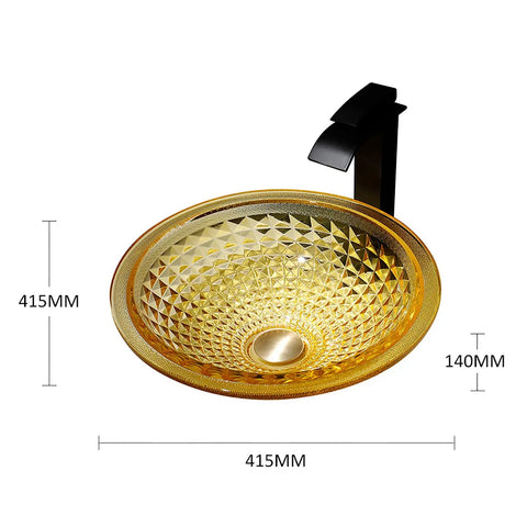 USZWBY Bathroom Vessel Sink Vanity Tempered Glass Vessel Bowl Sink Round Luxury Countertop with black waterfall faucet