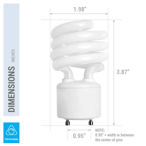 Dimensions of 4 Pack 13W CFL Light Bulbs GU24 Base, 60W Equivalent, T2 Mini Twist, Warm White 2700K, Energy Saving Bulbs