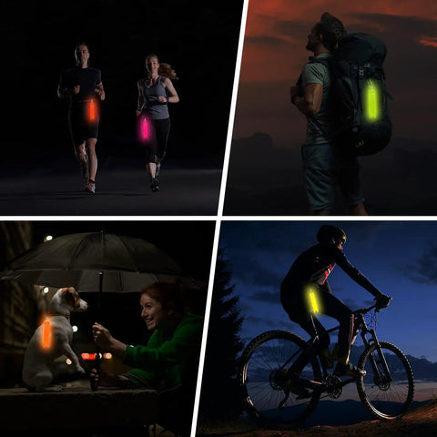 Collage of 8 Pack Reflective Safety Pendants With Chains For Backpacks, Running And Cycling, visible in night activities.