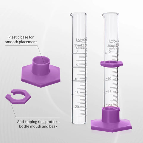 Durable Pro Grade Borosilicate Glass Measuring Cylinder Set With Hex Base And Brush Includes 10 ML 25 ML 50 ML And 100 ML Cylinders Class B Lab Glassware For Chemistry Experiments And Education; shown with purple hex base and anti-tipping ring details.