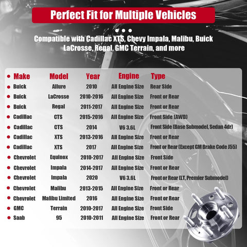 Chart showing compatibility of Front And Rear 5 Lug Wheel Bearing Hub Assembly 513288 with various GM models and photo of hub assembly