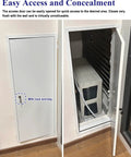 Heavy Duty White Aluminum Access Panel For Drywall With Locking Design And Quiet Honeycomb Core No Sweat Install Snug Fit On Ceilings Or Walls showing access door open over HVAC unit.