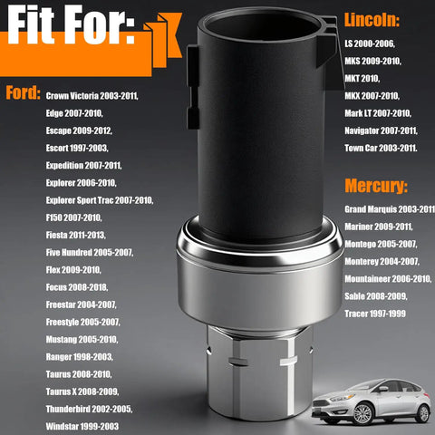 Ford compatible AC pressure sensor switch replaces OE 6F9319D594AA shown with compatible model list and car image