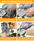 Steps for changing the blade on the Eight And A Quarter Inch Sliding Miter Saw With Laser Guide For Wood And Metal Cuts