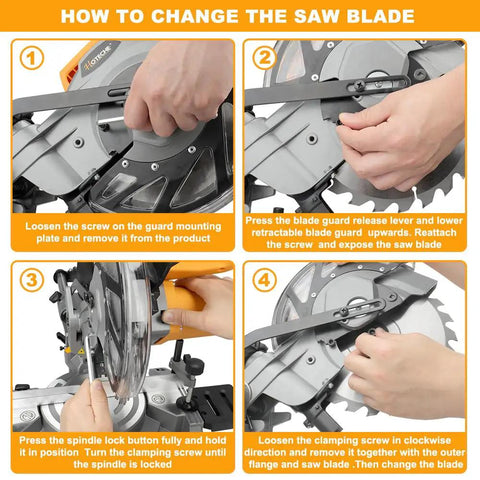 Steps for changing the blade on the Eight And A Quarter Inch Sliding Miter Saw With Laser Guide For Wood And Metal Cuts