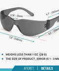 12 Pack Safety Glasses With Anti Fog Coating And Scratch Resistant Polycarbonate Lenses, ANSI Z87.1 Approved, Grey, dimensions listed