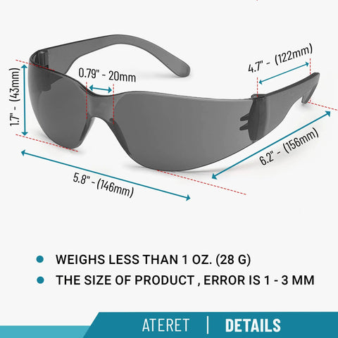 12 Pack Safety Glasses With Anti Fog Coating And Scratch Resistant Polycarbonate Lenses, ANSI Z87.1 Approved, Grey, dimensions listed