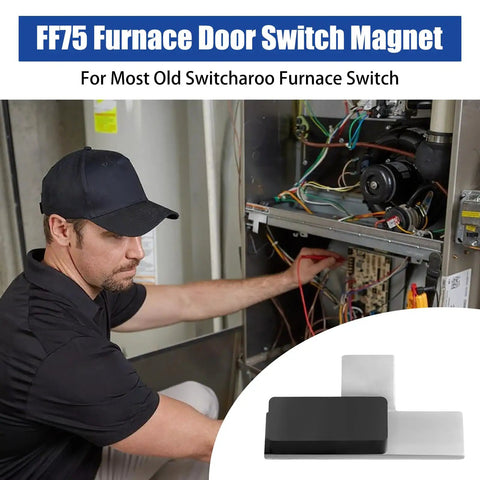 Technician using Magnetic Furnace Door Switch Depressor for HVAC Systems, tool shown close-up, easy install with strong magnetic tip.