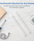 2 Sets White Full Extension Drawer Slides With Quick Release Glides And Top Shelf Slick Rolling Performance For Heavy Duty Cabinet Hardware And Furniture Upgrades That Run Like A Dream on a white surface with screws and a screwdriver.