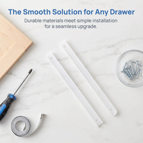 2 Sets White Full Extension Drawer Slides With Quick Release Glides And Top Shelf Slick Rolling Performance For Heavy Duty Cabinet Hardware And Furniture Upgrades That Run Like A Dream on a white surface with screws and a screwdriver.