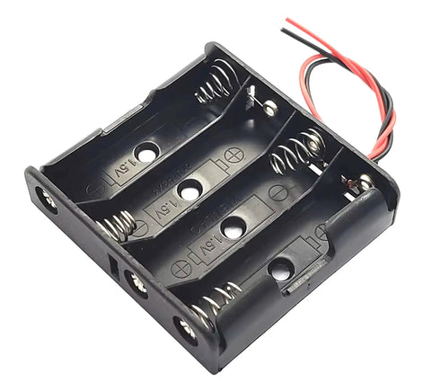 Pack Of Two 4 AA Battery Holders With Pre Installed Wire Leads delivering six volts, black plastic battery case, plug and play design.