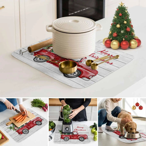 Must Have Farmhouse Christmas Dish Drying Mat With Cows And Red Truck Design For Kitchen Counter 16x18 with holiday decor