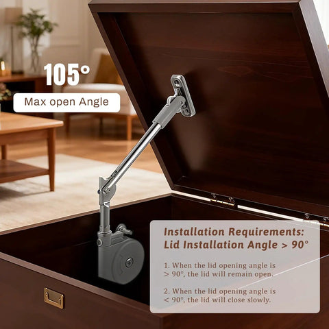 2 Pack 105 Degree Lid Stay With Soft Close Hinges Adjustable Tension Slow Down Lid Support installed on wooden chest