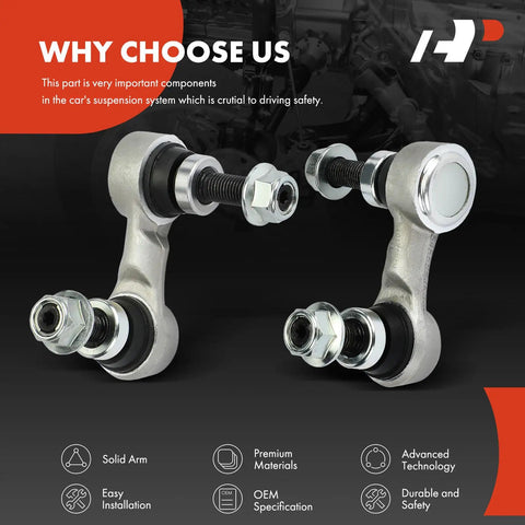 Two premium front sway bar links displayed; part of the Front Sway Bar Link Kit For Infiniti Vehicles Set Of 2 Stabilizer Links Compatible With G25 G35 G37 Q50 Q60 Q70 EX35 EX37 M37 M56 QX50 AWD Only Direct Fit Replacement Premium Grade Heavy Duty Construction Durable Steel Easy Install.