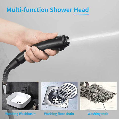Drill Free High Pressure Handheld Shower Head With On Off Pause Switch showing water spray, includes multipurpose use images.