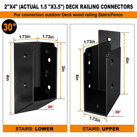 30 Degree Stair Railing Brackets For 2x4 Wood Posts Stainless Steel Deck Connector Fits Actual 1.5x3.5 Railing Posts Hidden Mount With Coated Wood Screws Black 2 Pair Beefy Heavy Duty