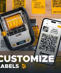 P1L Portable Bluetooth Thermal Construction Label Printer For Jobsites With QR Codes And One Click Labels Battery Powered shown with smartphone app