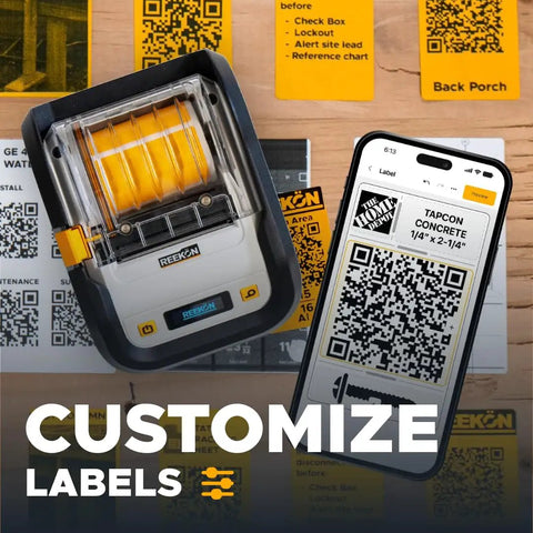 P1L Portable Bluetooth Thermal Construction Label Printer For Jobsites With QR Codes And One Click Labels Battery Powered shown with smartphone app