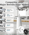 Six Pack No Fuss Replacement Water Filters For Breville And Sage Espresso Machines Compatible With Barista Touch Pro Oracle Dual Boiler Bambino Beb filter cartridges shown next to compatible espresso machines.