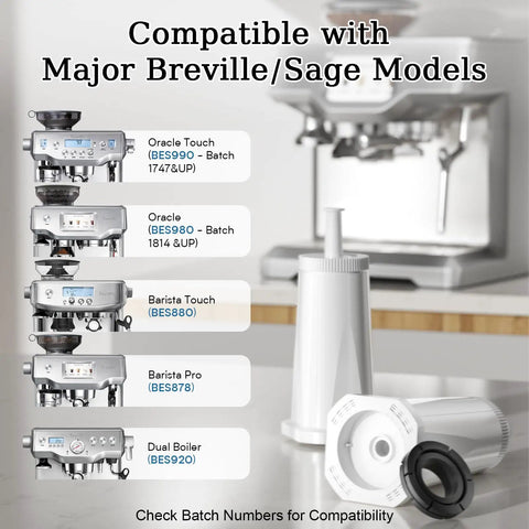 Six Pack No Fuss Replacement Water Filters For Breville And Sage Espresso Machines Compatible With Barista Touch Pro Oracle Dual Boiler Bambino Beb filter cartridges shown next to compatible espresso machines.